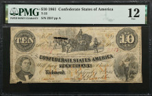 T-23. Confederate Currency. 1861 $10. PMG Fine 12.
No. 2257. Plate A. These Leggett, Keatinge & Ball produced Tens were based on notes of the same de...