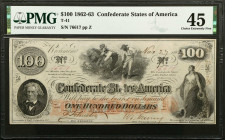 T-41. Confederate Currency. 1862-63 $100. PMG Choice Extremely Fine 45.
No. 76617. Plate Z. Imprint of Keatinge & Ball, Columbia S.C. Hoer vignette a...