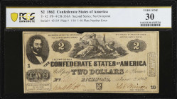 T-42. Confederate Currency. 1862 $2. PCGS Banknote Very Fine 30. Plate Number Error.
No. 43119. Plate 1/10. Imprint of B. Duncan Columbia, S.C. Confe...
