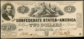 T-42. Confederate Currency. 1862 $2. Very Fine.
No. 34796. Plate 2. Allegorical South striking down the Union at top center. Pinholes.
Estimate: $15...