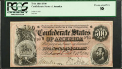 T-64. Confederate Currency. 1864 $500. PCGS Currency Choice About New 58.
No. 13938, Plate B. Stonewall Jackson at right with die counter above. Left...