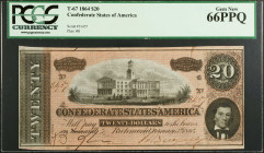 T-67. Confederate Currency. 1864 $20. PCGS Currency Gem New 66 PPQ.
No. 31457. Plate B. PF-11. Cr. 511. High end Confederate notes are realizing here...