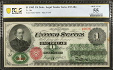 Fr. 16c. 1862 $1 Legal Tender Note. PCGS Banknote About Uncirculated 55.
Series 262. Cherry red overprints and hunter green undertints grace this pop...