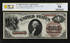 Fr. 28. 1880 $1 Legal Tender Note. PCGS Banknote Choice About Uncirculated 58.
Large brown treasury seal with Scofield - Gilfillan signature combinat...