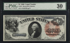 Fr. 31. 1880 $1 Legal Tender Note. PMG Very Fine 30.
Rosecrans - Huston signature combination with large red spiked treasury seal and blue serial num...