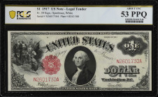 Fr. 39. 1917 $1 Legal Tender Note. PCGS Banknote About Uncirculated 53 PPQ.
Dark design details and bright paper pop on this Speelman-White Ace.
Est...