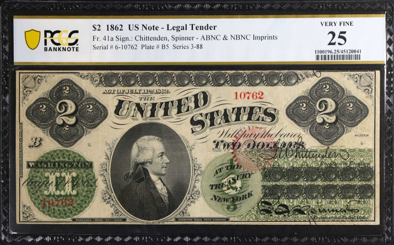 Fr. 41a. 1862 $2 Legal Tender Note. PCGS Banknote Very Fine 25.
Series 6. ABNC ...