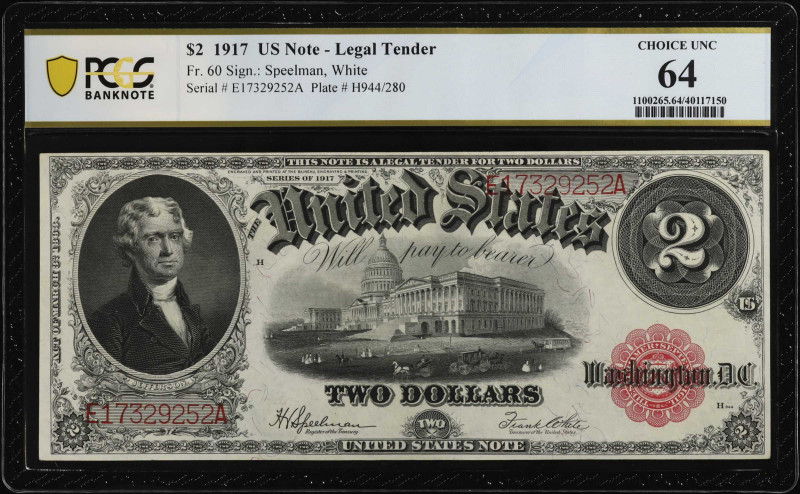 Fr. 60. 1917 $2 Legal Tender Note. PCGS Banknote Choice Uncirculated 64.
PMG co...