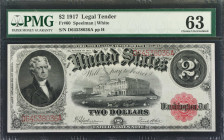 Fr. 60. 1917 $2 Legal Tender Note. PMG Choice Uncirculated 63.
A highly appealing example of this WWI era Deuce.
Estimate: $400.00- $600.00