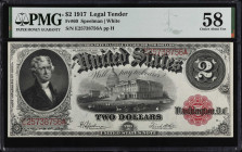 Fr. 60. 1917 $2 Legal Tender Note. PMG Choice About Uncirculated 58.
Blast white paper and cherry red overprints grace this WWI era Deuce.
Estimate:...