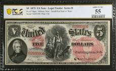 Fr. 67. 1875 $5 Legal Tender Note. PCGS Banknote About Uncirculated 55.
Series B. Small Red seal with Rays. PCGS Banknote comments "Minor Ink Stains....