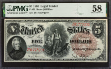 Fr. 71. 1880 $5 Legal Tender Note. PMG Choice About Uncirculated 58.
Bruce - Gilfillan signature combination with large brown spiked treasury seal. D...