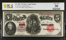 Fr. 88. 1907 $5 Legal Tender Note. PCGS Banknote Very Fine 30.
An always in demand design type.
Estimate: $250.00- $350.00