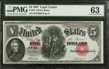 Fr. 89. 1907 $5 Legal Tender Note. PMG Choice Uncirculated 63.
PMG comments "Previously Mounted."
Estimate: $800.00- $1200.00