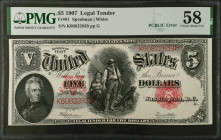 Fr. 91. 1907 $5 Legal Tender Note. PMG Choice About Uncirculated 58.
"PCBLIC" error.
Estimate: $400.00- $600.00