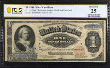 Fr. 215. 1886 $1 Silver Certificate. PCGS Banknote Very Fine 25.
Small red plain seal. PCGS Banknote comments "Treasury Seal Faded."
Estimate: $400....