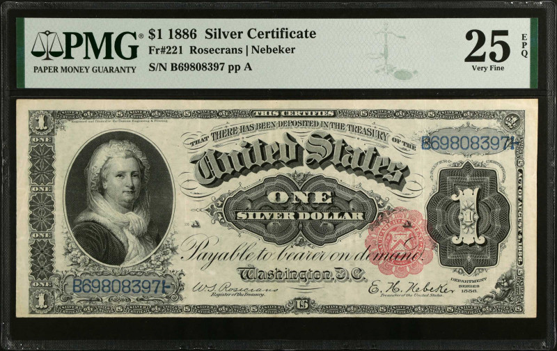 Fr. 221. 1886 $1 Silver Certificate. PMG Very Fine 25 EPQ.
The reverse design p...