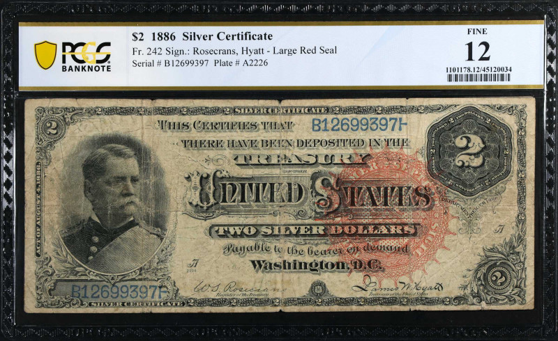 Fr. 242. 1886 $2 Silver Certificate. PCGS Banknote Fine 12.
Large red spiked tr...