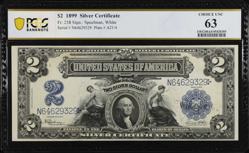 Fr. 258. 1899 $2 Silver Certificate. PCGS Banknote Choice Uncirculated 63.
Dark...