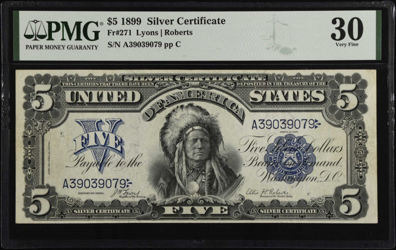 Fr. 271. 1899 $5 Silver Certificate. PMG Very Fine 30.
PMG comments "Tears."
E...