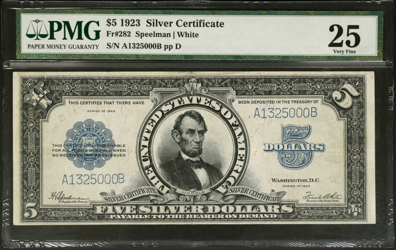 Fr. 282. 1923 $5 Silver Certificate. PMG Very Fine 25.
These Lincoln porthole n...