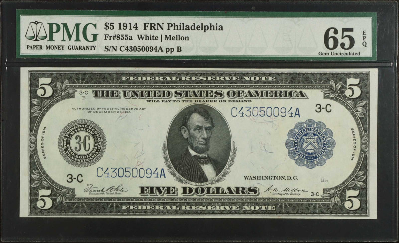 Fr. 855a. 1914 $5 Federal Reserve Note. Philadelphia. PMG Gem Uncirculated 65 EP...