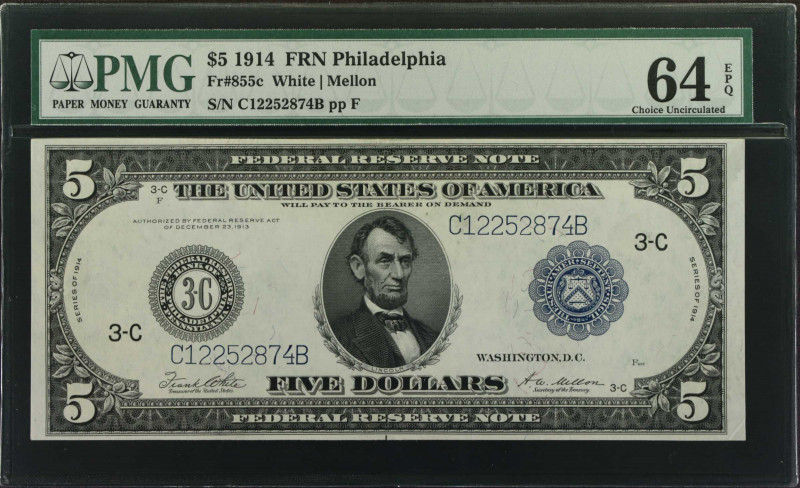 Fr. 855c. 1914 $5 Federal Reserve Note. Philadelphia. PMG Choice Uncirculated 64...