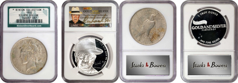 1922 Peace Silver Dollar. Binion Collection. (NGC).
A circulated coin. Also inc...