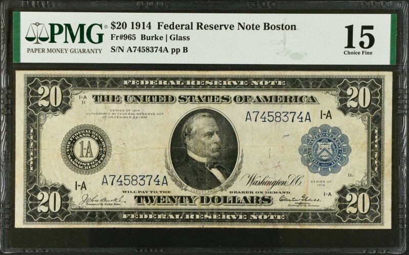 Fr. 965. 1914 $20 Federal Reserve Note. Boston. PMG Choice Fine 15.
A popular d...