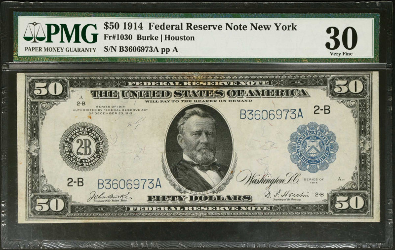 Fr. 1030. 1914 $50 Federal Reserve Note. New York. PMG Very Fine 30.
PMG commen...