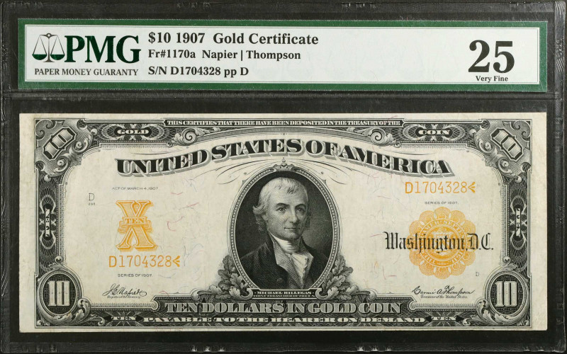 Fr. 1170a. 1907 $10 Gold Certificate. PMG Very Fine 25.
At first glance, this m...