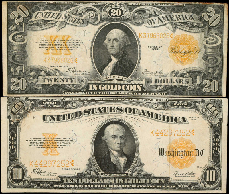 Lot of (2). Fr. 1173 & 1187. 1922 $10 & $20 Gold Certificate. Fine to Very Fine....