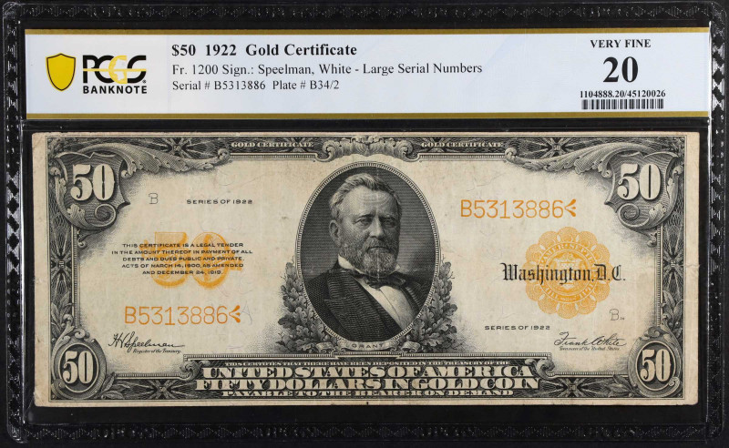 Fr. 1200. 1922 $50 Gold Certificate. PCGS Banknote Very Fine 20.
Large serial n...