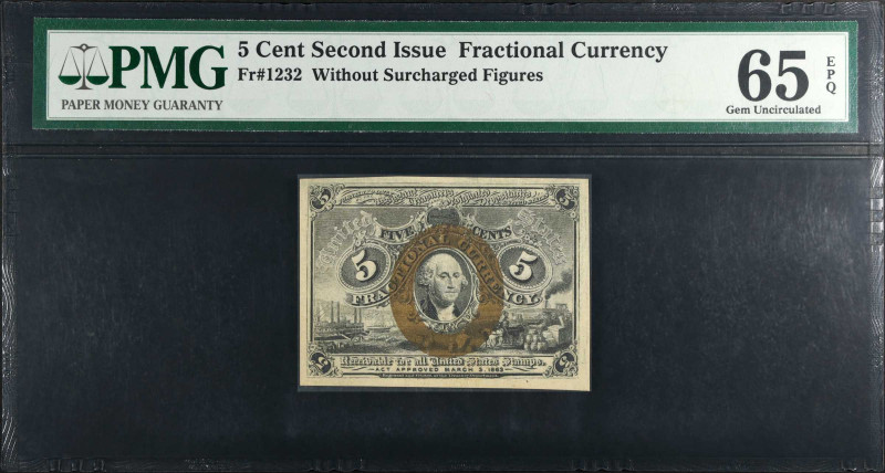 Fr. 1232. 5 Cents. Second Issue. PMG Gem Uncirculated 65 EPQ.
A well margined S...