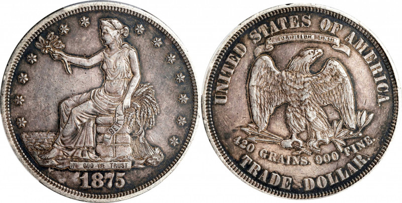 1875 Trade Dollar. Type I/II. EF-40 (PCGS).
PCGS# 7037. NGC ID: 2534.