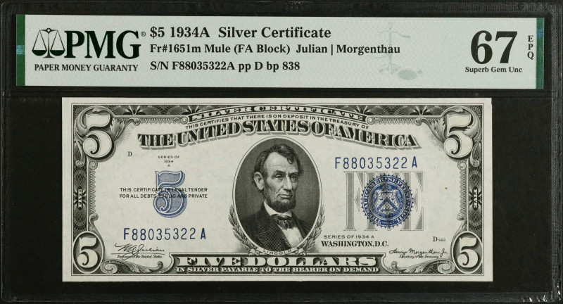 Fr. 1651m. 1934A $5 Silver Certificate Mule Note. PMG Superb Gem Uncirculated 67...