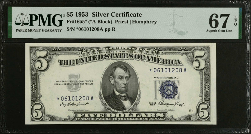 Fr. 1655*. 1953 $5 Silver Certificate Star Note. PMG Superb Gem Uncirculated 67 ...