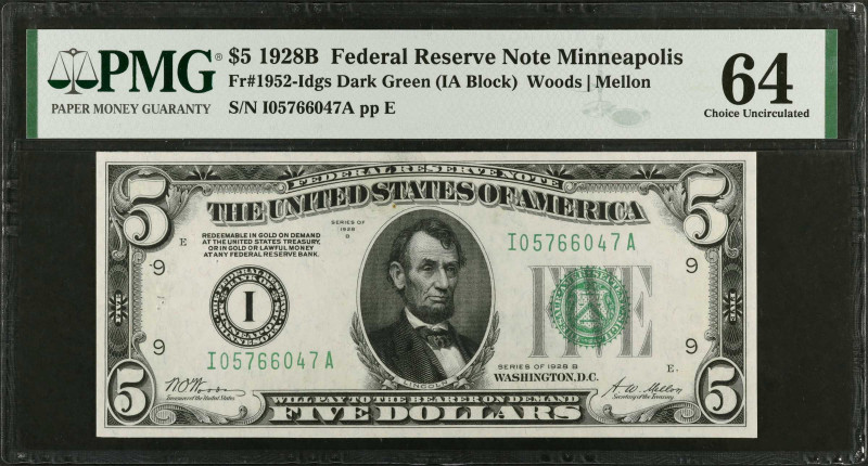 Fr. 1952-Idgs. 1928B $5 Federal Reserve Note. Minneapolis. PMG Choice Uncirculat...