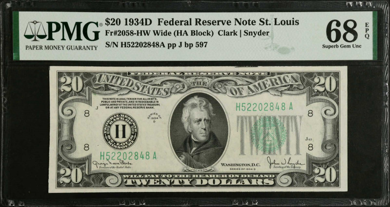 Fr. 2058-HW. 1934D $20 Federal Reserve Note. Wide. St. Louis. PMG Superb Gem Unc...