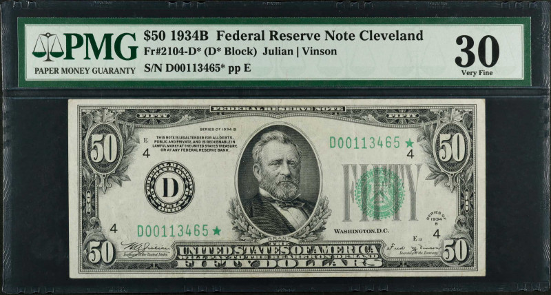 Fr. 2104-D*. 1934B $50 Federal Reserve Star Note. Cleveland. PMG Very Fine 30.
...