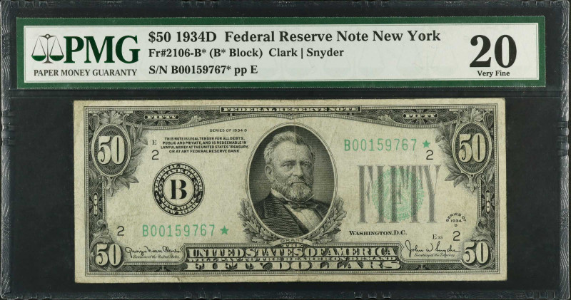 Fr. 2106-B*. 1934D $50 Federal Reserve Star Note. New York. PMG Very Fine 20.
A...