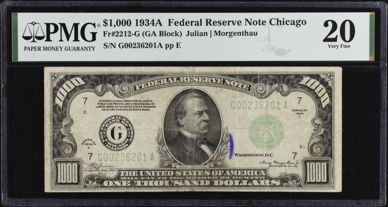 Fr. 2212-G. 1934A $1000 Federal Reserve Note. Chicago. PMG Very Fine 20.
PMG co...