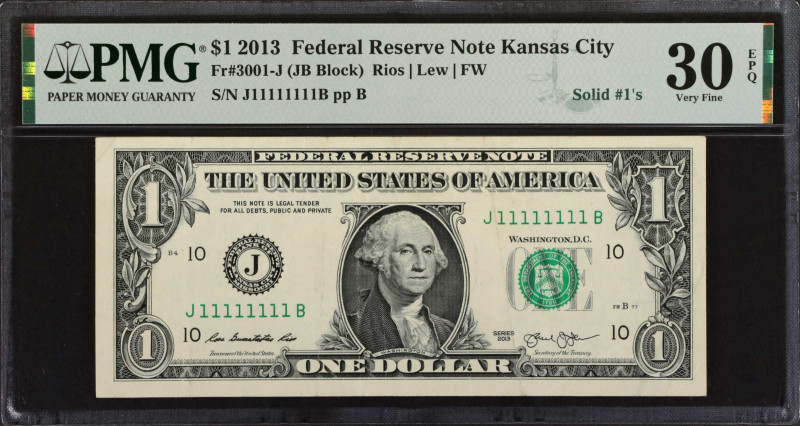 Fr. 3001-J. 2013 $1 Federal Reserve Note. Kansas City. PMG Very Fine 30 EPQ. Sol...