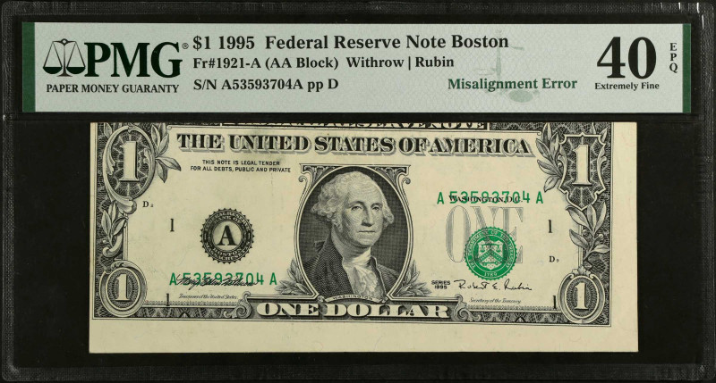 Fr. 1921-A. 1995 $1 Federal Reserve Note. Boston. PMG Extremely Fine 40 EPQ. Mis...