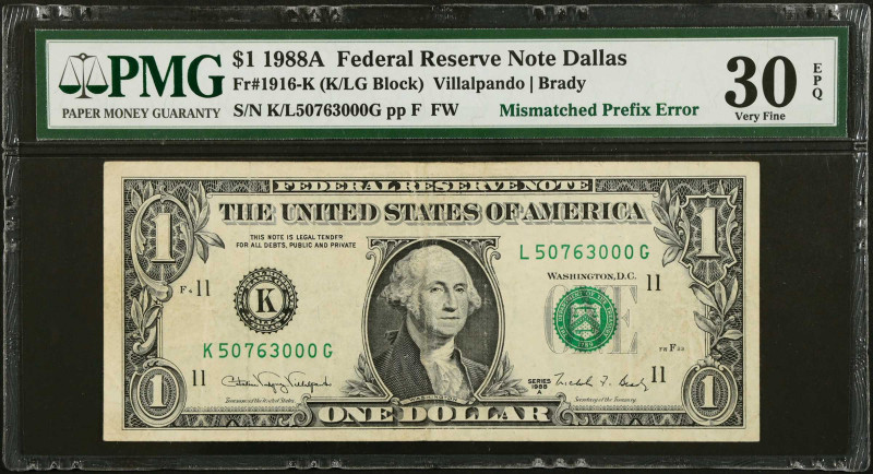 Fr. 1916-K. 1988A $1 Federal Reserve Note. Dallas. PMG Very Fine 30 EPQ. Mismatc...