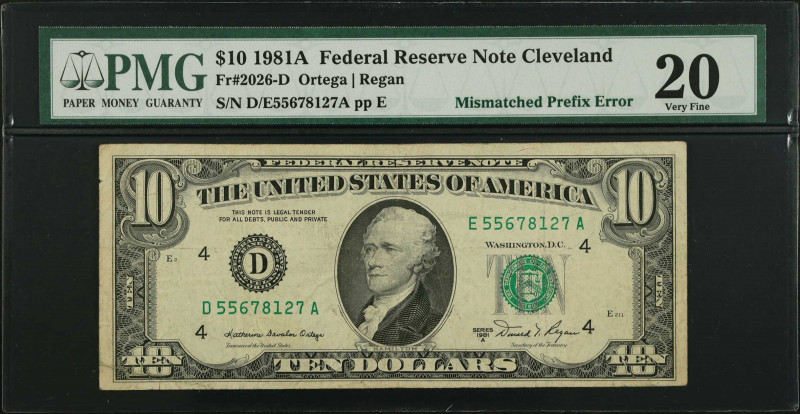 Fr. 2026-D. 1981A $10 Federal Reserve Note. Cleveland. PMG Very Fine 20. Mismatc...