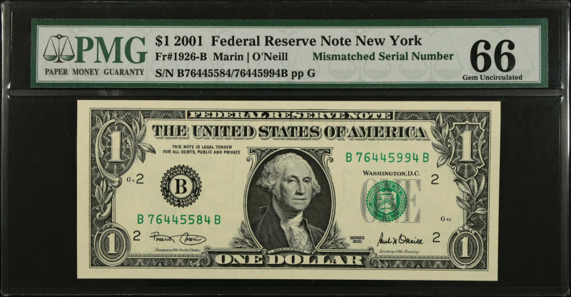 Fr. 1926-B. 2001 $1 Federal Reserve Note. New York. PMG Gem Uncirculated 66. Mis...