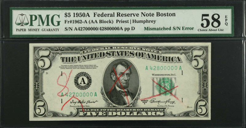 Fr. 1962-A. 1950A $5 Federal Reserve Note. Boston. PMG Choice About Uncirculated...