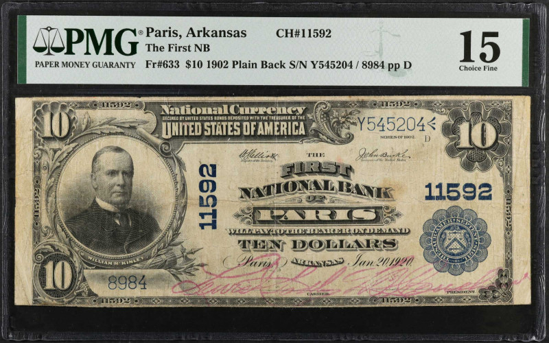 Paris, Arkansas. $10 1902 Plain Back. Fr. 633. The First NB. Charter #11592. PMG...