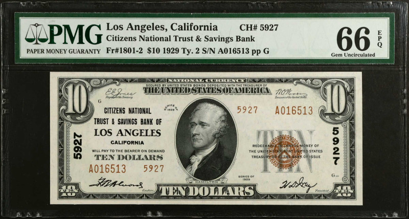 Los Angeles, California. $10 1929 Ty. 2. Fr. 1801-2. The Citizens NB & Savings B...